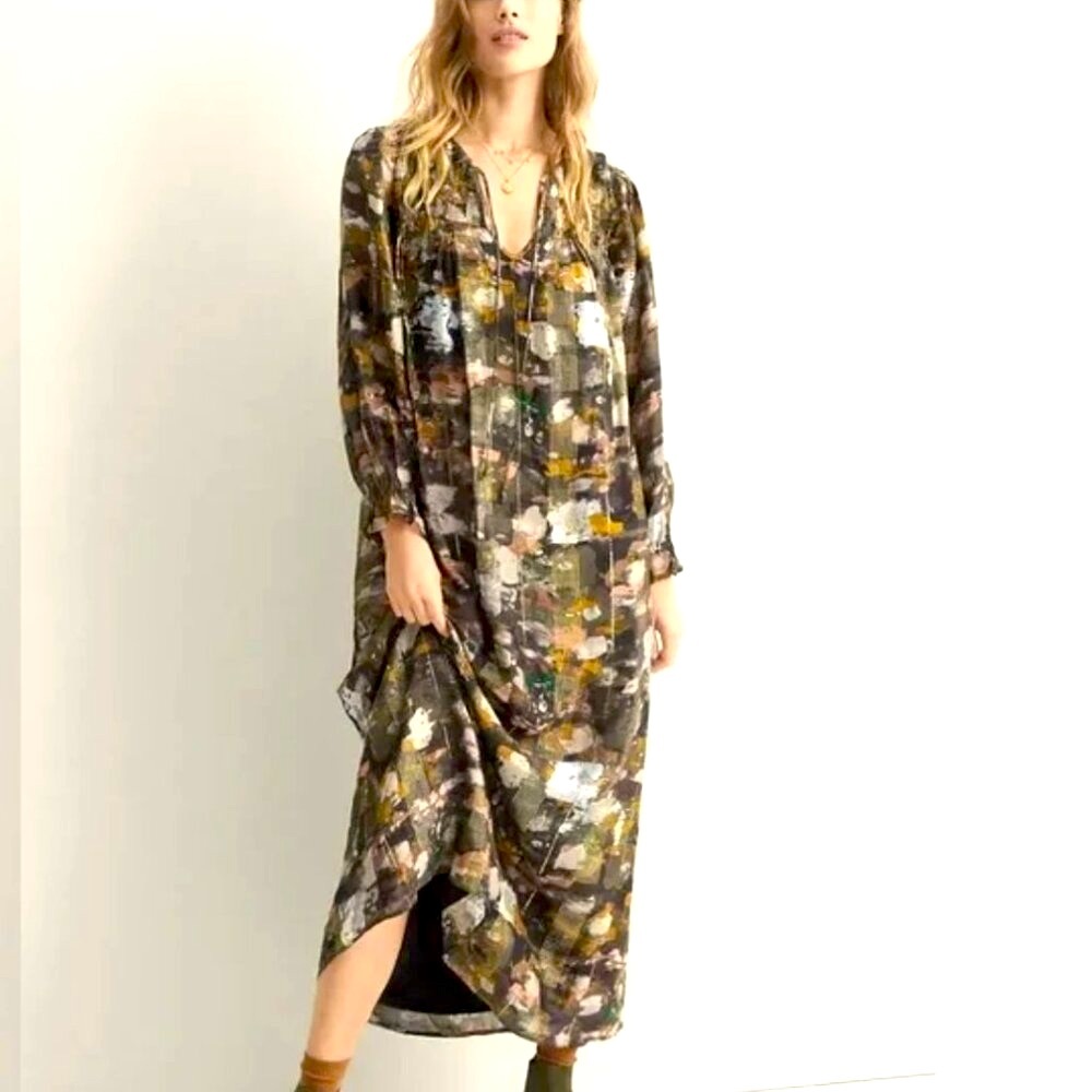 ANTHROPOLOGIE Blair GOLD Shimmer Maxi CAFTAN Dress XS $228
